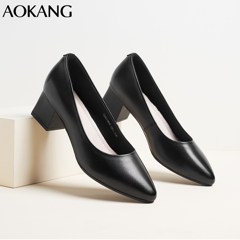 奥康(Aokang)女鞋简约时尚牛皮粗跟单鞋女酒店空姐工作皮鞋
