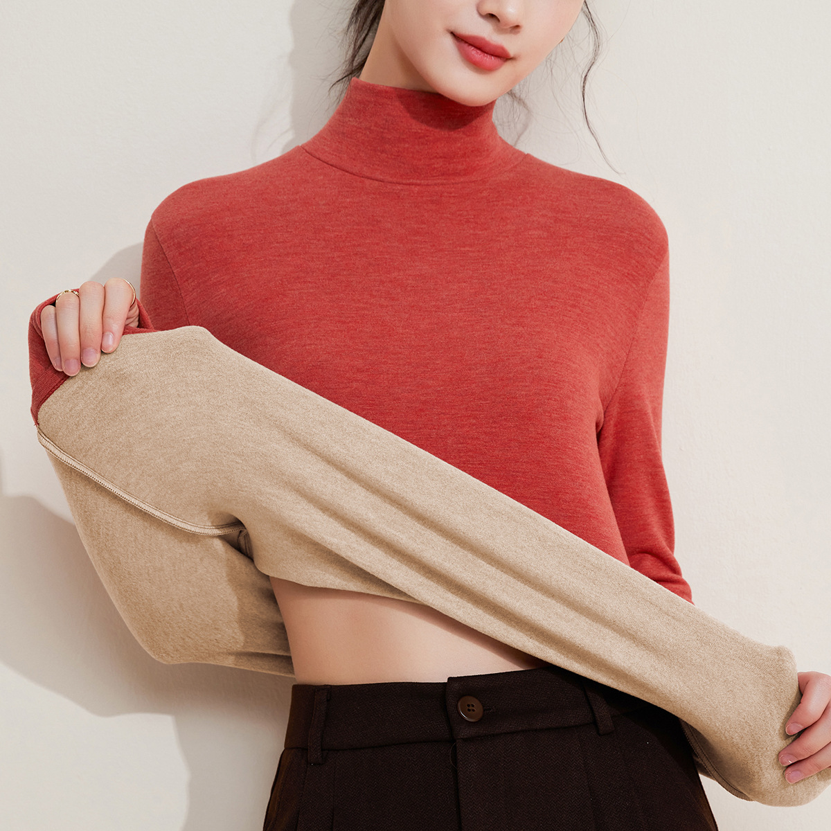 2025新高领打底衫含羊毛蚕丝长袖t恤女加厚加绒发热保暖上衣秋冬高清大图