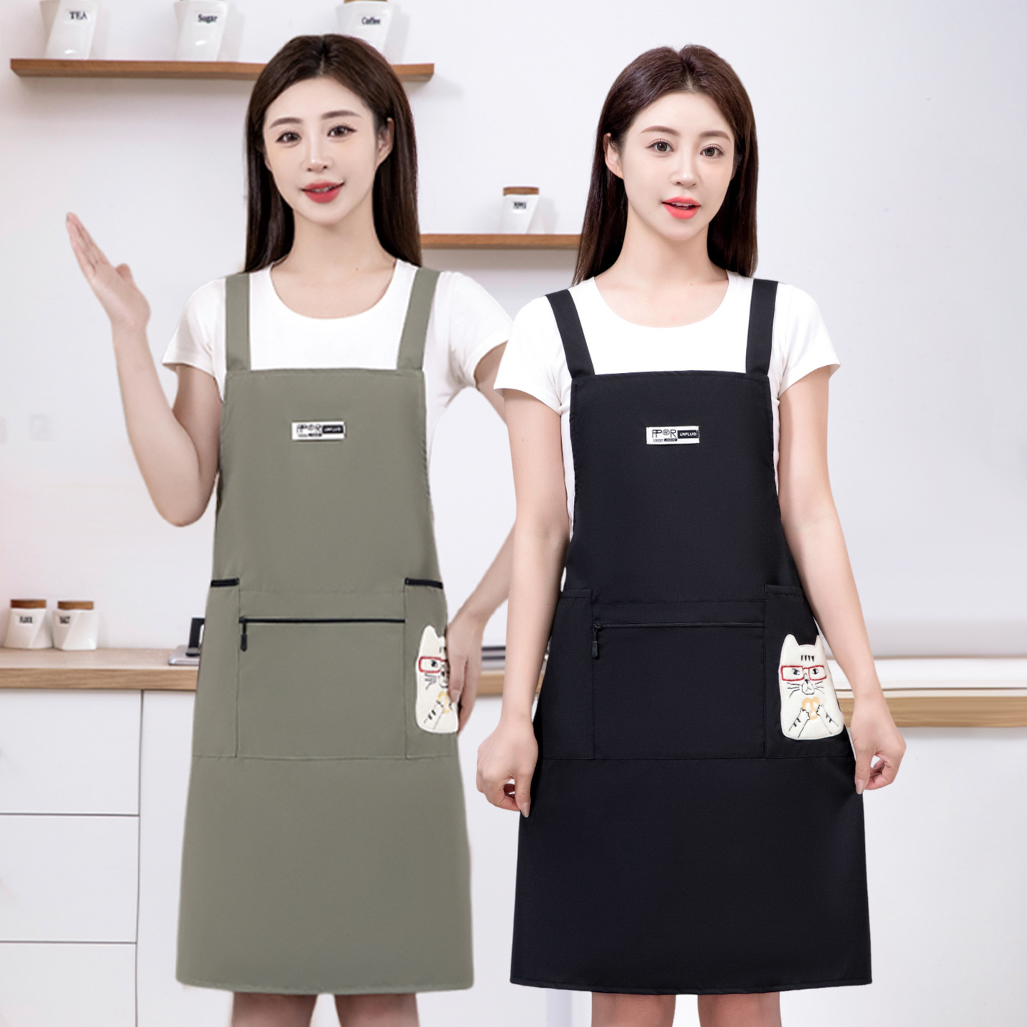 匹牧 时尚简约围裙厨房家用做饭防水防油卡通新款餐饮专用工作服围腰女 卡通刺绣防水防油背带款-绿色 件