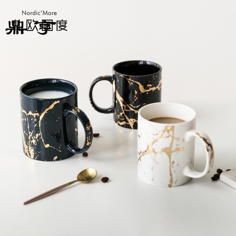 鼎亨陶瓷马克杯大理石纹描金茶杯办公室水杯咖啡杯牛奶燕麦杯
