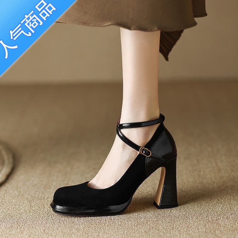 SUNTEK黑色法式复古高跟鞋女粗跟婚鞋玛丽珍2023新款交叉带方头浅口单鞋图片