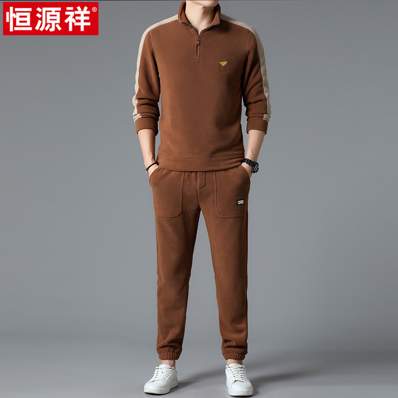 恒源祥秋冬季男士加绒加厚休闲运动套装摇粒绒卫衣卫裤抓绒两件套高清大图