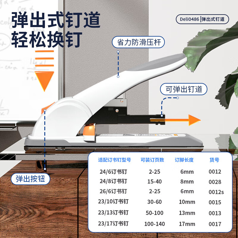 得力(deli) 0486 120页省力型重型订书机/订书器 适配23/6~23/17订书钉 带滑动标尺 白色