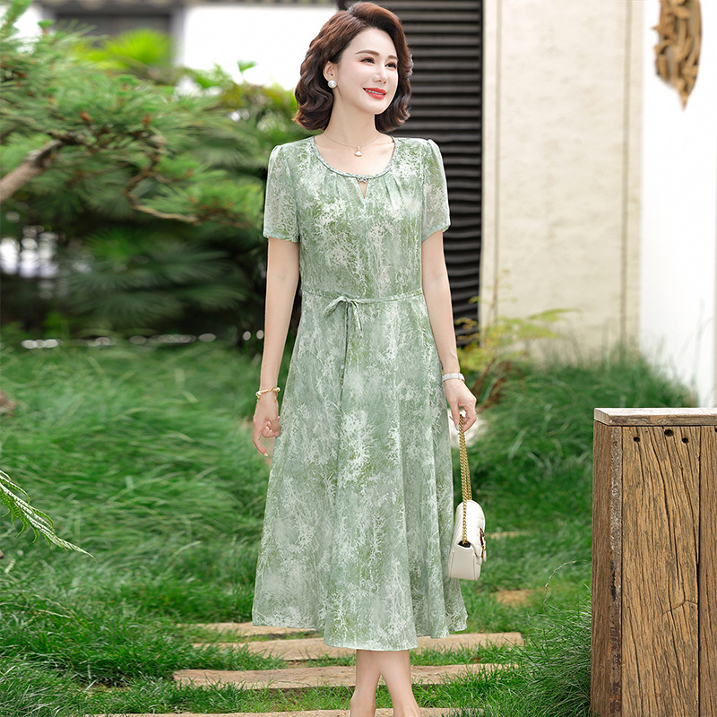纤孜雅 时尚中年妈妈夏装短袖新款连衣裙夏季收腰显瘦气质碎花裙子高清大图