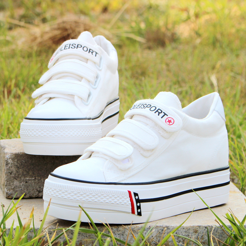 春秋女士帆布鞋女内增高魔术贴厚底学生韩版低帮厚底松糕套脚板鞋白色