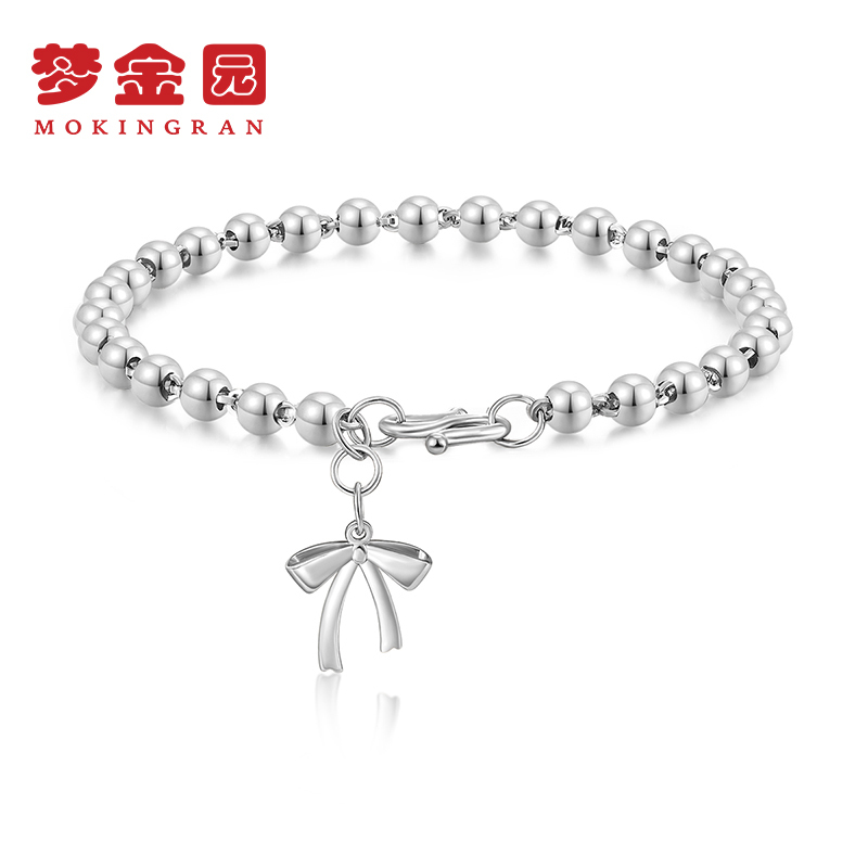 梦金园银手链女款圆珠手串甜美蝴蝶结手饰送闺蜜生日礼物