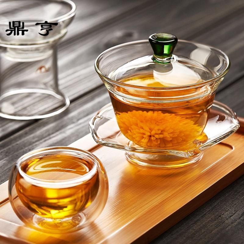 鼎亨 三才玻璃盖碗茶杯茶道功夫茶具花茶杯大号手抓功夫敬茶碗