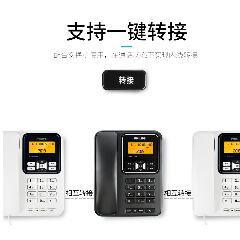 飞利浦(PHILIPS)电话机座机 固定电话 办公家用 屏幕橙色背光 一键转接 CORD148(白色)