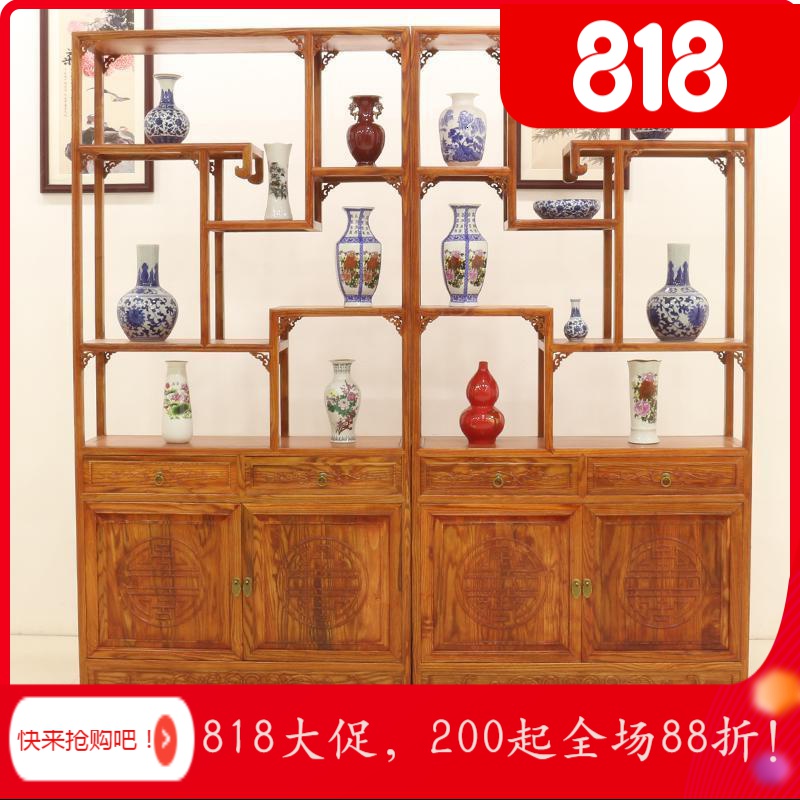 BONJEAN博古架实木新中式多宝阁茶叶展示陈列柜茶室置物古董货架客厅隔断 两门两抽博古架一对1米以下