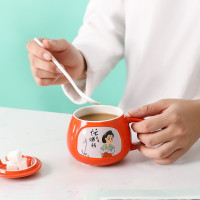 贝瑟斯 古典美和风美人创意陶瓷带盖勺马克杯杯子咖啡杯水杯