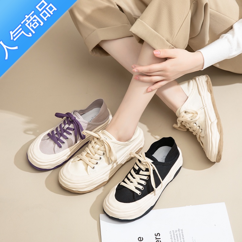 SUNTEK帆布鞋女2023新款春秋厚底百搭休闲板鞋小众软底小白鞋一脚蹬白色高清大图