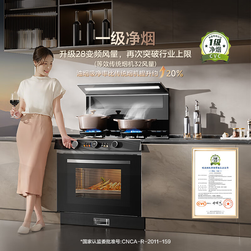 美的[晴空FX90 PRO]集成灶一体式 变频28风量 蒸汽洗 蒸烤炸一体 5.2kW燃气灶美的专利蒸汽洗高清大图