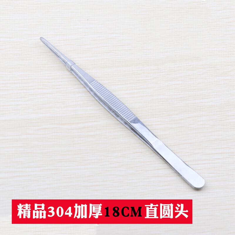 汐岩不锈钢镊子工具尖头弯头圆头带齿加厚加硬大镊子 [精品304加厚18CM]直镊圆头高清大图