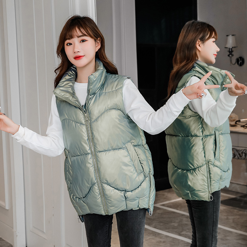 棉服背心女 秋冬季新品大码女马甲时尚拉链款宽松韩版马夹女 绿色 XXL