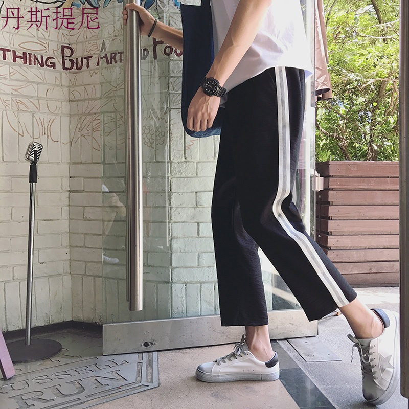男裤子休闲裤夏季薄款九分裤ins运动裤直筒百搭青少年条纹阔腿裤