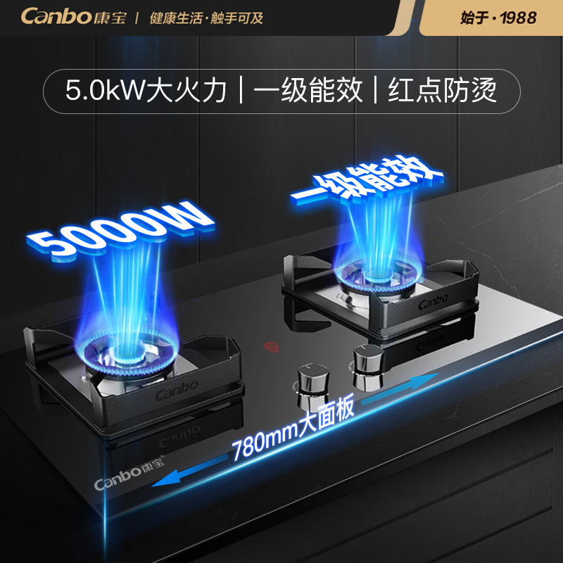 康宝(Canbo)5KW燃气灶液化气 煤气炉双灶台 嵌入式台式家用 防爆钢化玻璃大火力灶具 JZY-2QB520