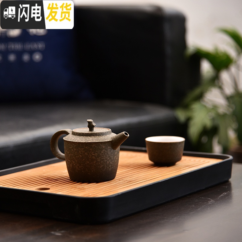 三维工匠家用密胺茶盘简约圆形日式小茶台干泡竹托盘功夫茶具储水 密胺茶字黑石磨茶盘(防滑垫款)高清大图