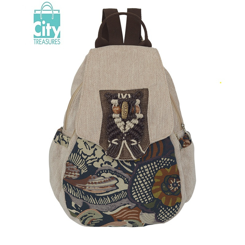 bangdou复古民族风双肩包学院风帆布中性双肩背包学生书包男女士布艺