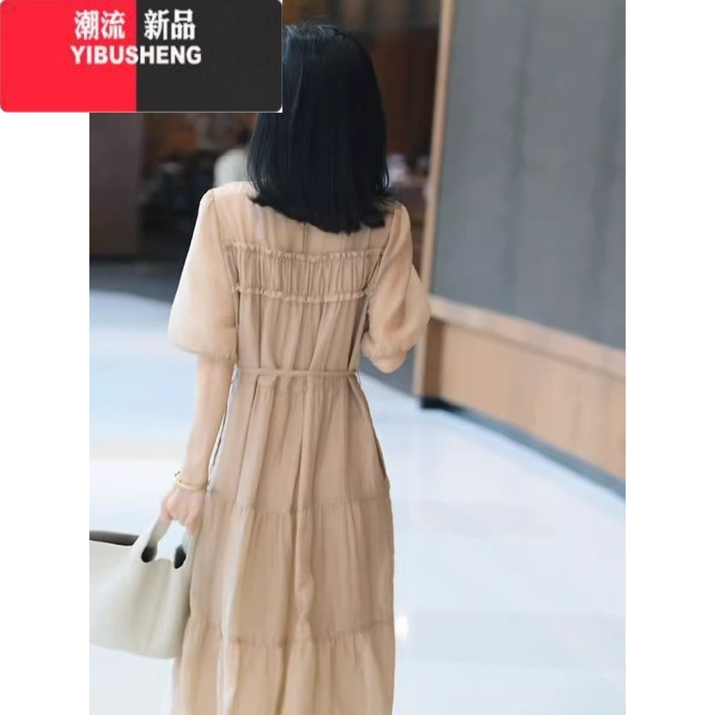 YIBUSHENG高级感纱料连衣裙女2024年季新款高端定制宽松减龄短袖拼接长裙