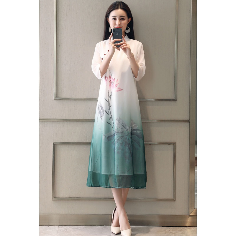 古风连衣裙女夏女士新品水墨印花中国风仙女范气质淑雅长裙子