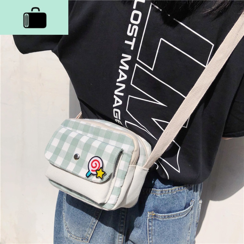 帆布包女单肩斜挎包大学生日系原宿ulzzang韩版古着感少女ins格子NEWLAKE_1 绿色横款