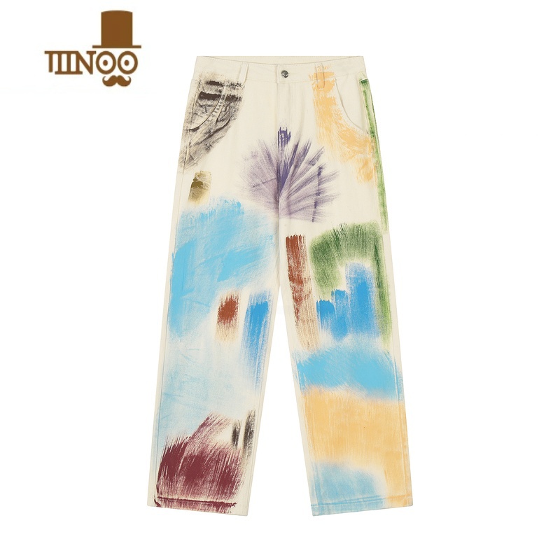 YANXUe020水洗涂鸦牛仔裤高街直筒休闲裤美式新款感裤子男女长裤水高清大图