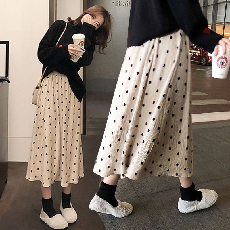 孕妇裙子春秋2021新款孕妇波点孕妇半身裙女中长款托腹A字裙长裙 黑色[丝绒百褶裙] M