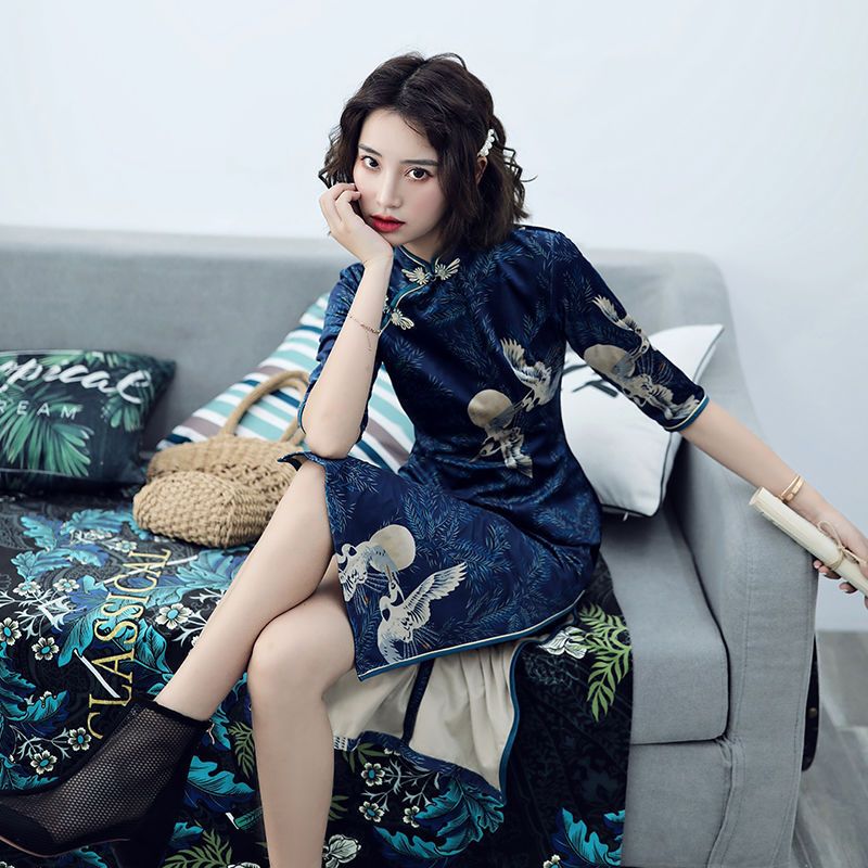 新款旗袍年轻少女中国风改良版复古旗袍中长款性感视频