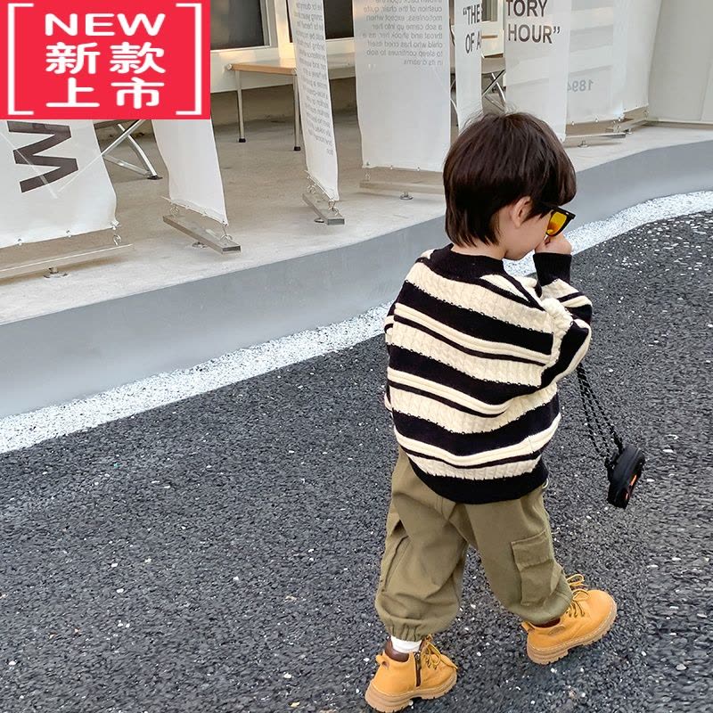 可莉允男童加厚绵撞色条纹毛衣儿童冬装圆领宝宝针织套头衫潮图片