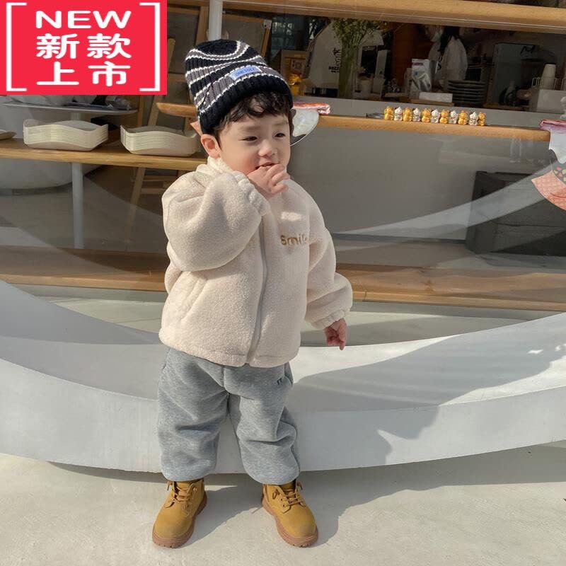 可莉允MoneeGtyel男童棉服加绒外套冬装新款洋气男宝宝笑脸羊羔毛套装图片