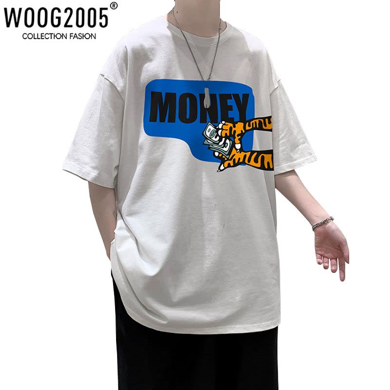 WOOG2005男士t恤高街ins潮纯棉克莱因蓝短袖男夏季情侣体恤五分袖图片