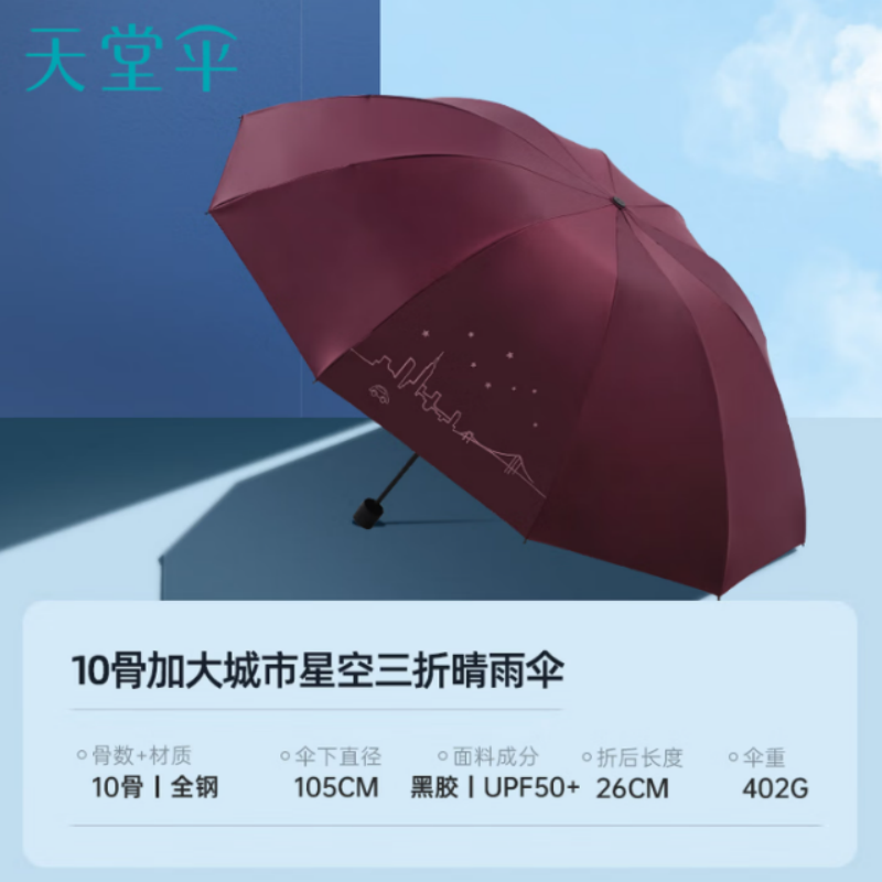 天堂双人晴雨伞三折太阳伞10k钢骨全钢加大加固伞抗风晴雨伞下105CM深紫高清大图