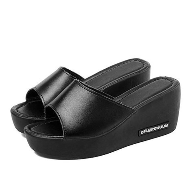 [真牛皮]凉拖鞋女夏时尚外穿高跟一字拖坡跟防滑厚底女士凉鞋 黑色 37