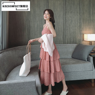 kecosweet波点吊带裙2019夏装新款性感v领高腰小清新连衣裙女夏蛋糕长裙子