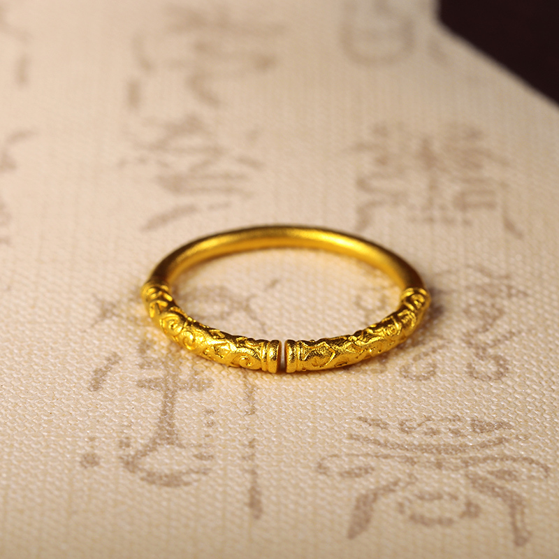 黄金码头足金999古法金箍棒咒祥云符文条形戒指送礼情侣戒饰