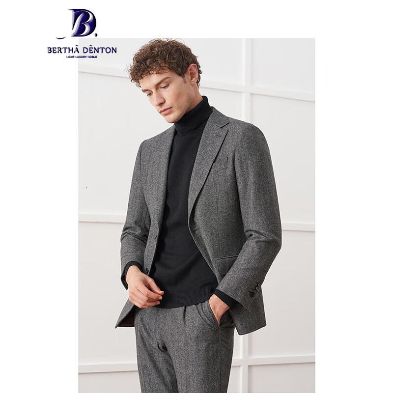 伯莎丹顿品牌羊毛西服套装男灰色英伦粗花人字纹正装新郎结婚礼服男士