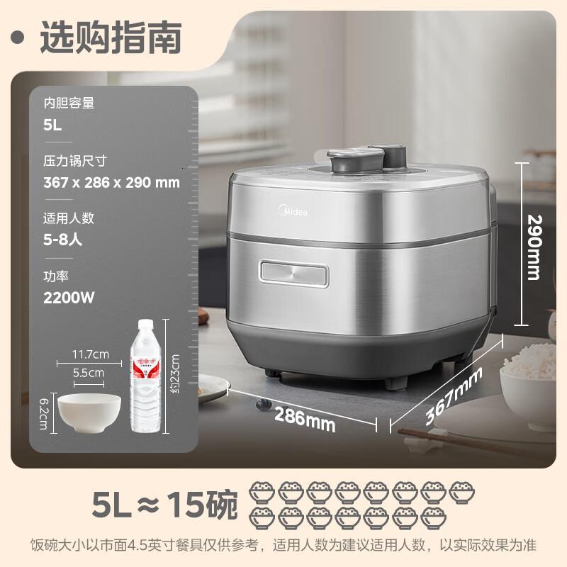 美的(Midea)电压力锅2200W-IH大火立体加热 超速嫩香6分钟一道菜 双钢内胆高压锅MY-S5177K[ZMD安
