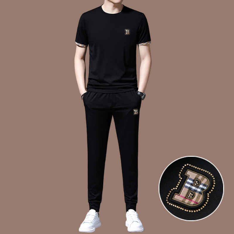 恒源祥桑蚕丝男士休闲运动服套装男短袖帅气搭配潮流冰丝男装夏装 528款黑色 165/M适合体重90-120斤