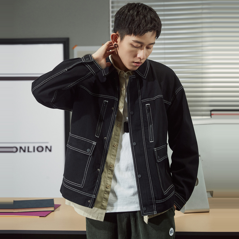 2折价1242元唐狮春季新款男牛仔外套宽松韩版车明线牛仔夹克潮流百搭
