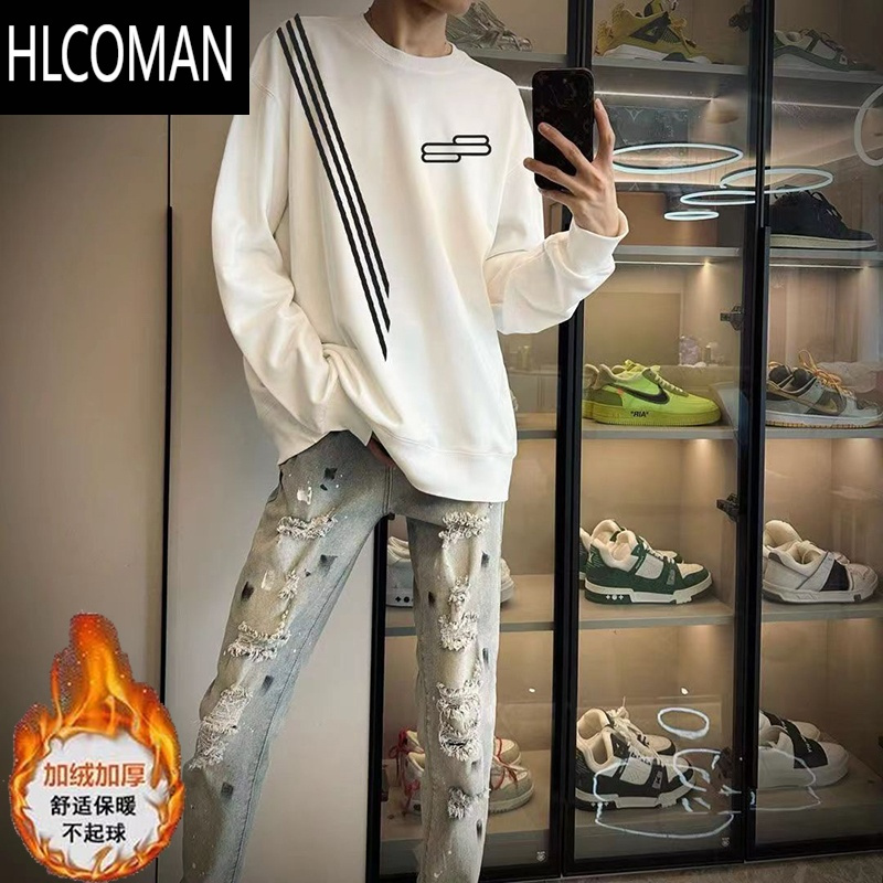 HLCOMAN快手网红加绒加厚t恤长袖潮牌新款斜肩三杠条纹卫衣男潮流痞帅男