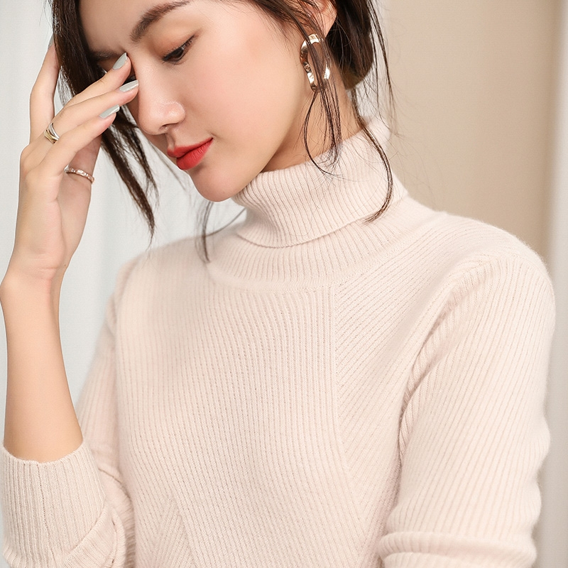 2018高翻领毛衣女抽条提花羊绒衫长袖套头短款针织衫修身秋冬