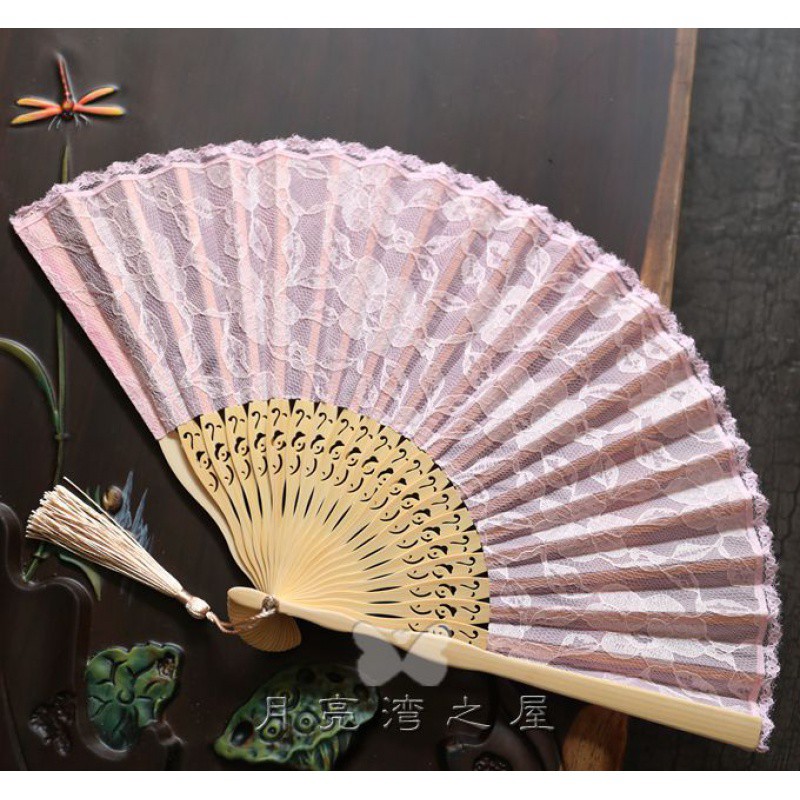 限今天超精致精美双层蕾丝扇 日式折扇 竹柄折扇 扇子 女扇 三维工匠 淡粉色高清大图