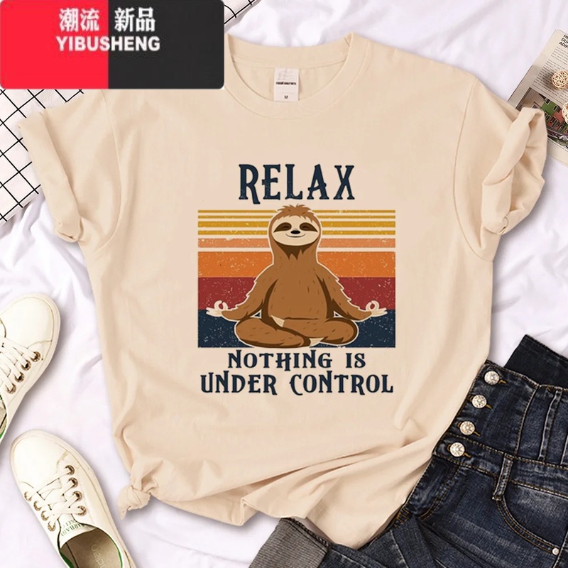 YIBUSHENGSloth T shirt 季女装时尚卡通树懒印花卡其色圆领短袖T恤女 C1 成人XXXL