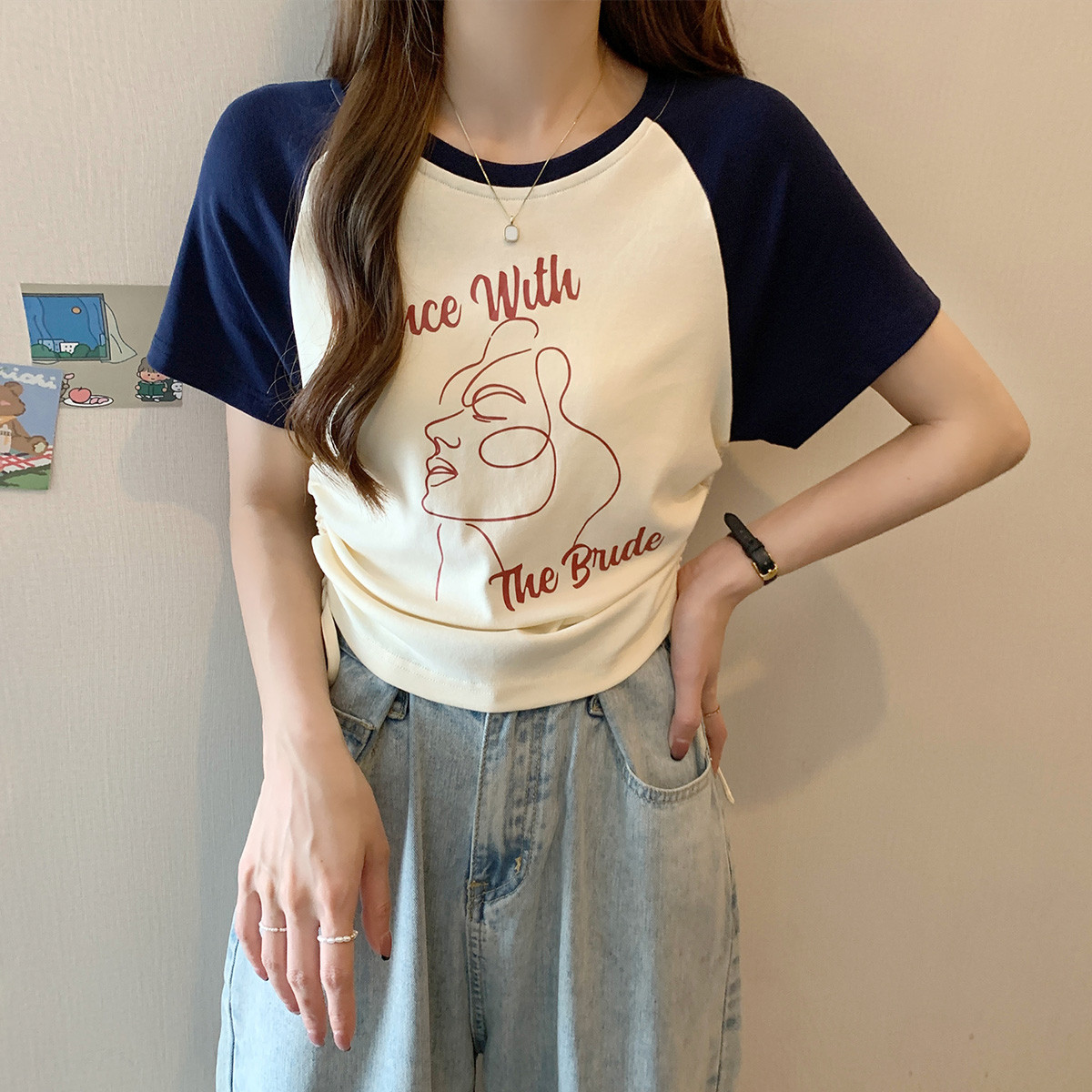 [1.5折价37元]唐狮短袖T恤女夏季新款圆领插肩袖抽绳设计短款时尚流行潮高清大图