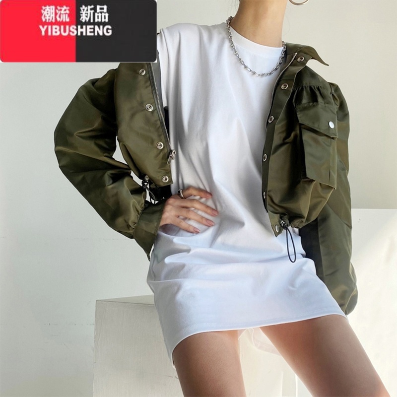 YIBUSHENG短袖t恤裙女中长款圆领套头纯色舒适宽松打底显瘦连衣裙子高清大图