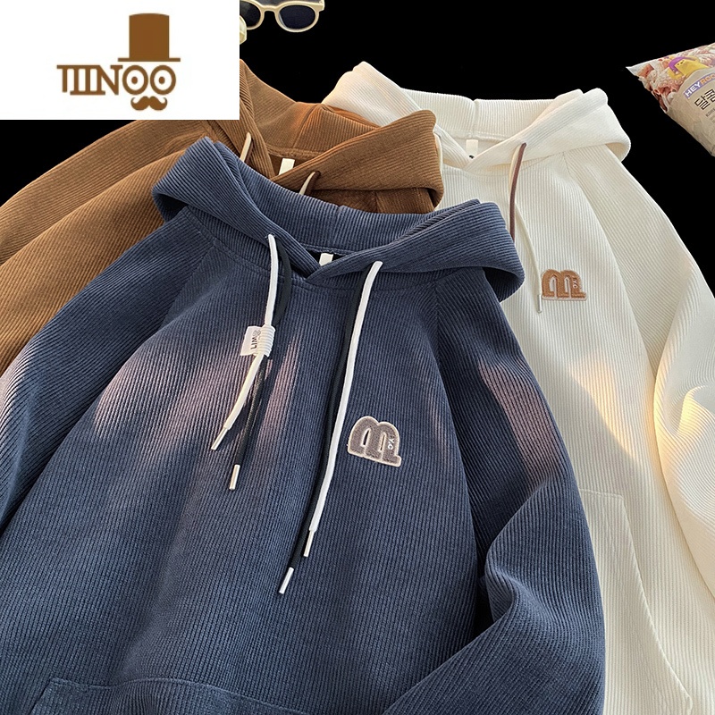 YANXU胖胖哥灯芯绒连帽卫衣男士秋季港风ins韩版潮流宽松大码胖子外版高清大图