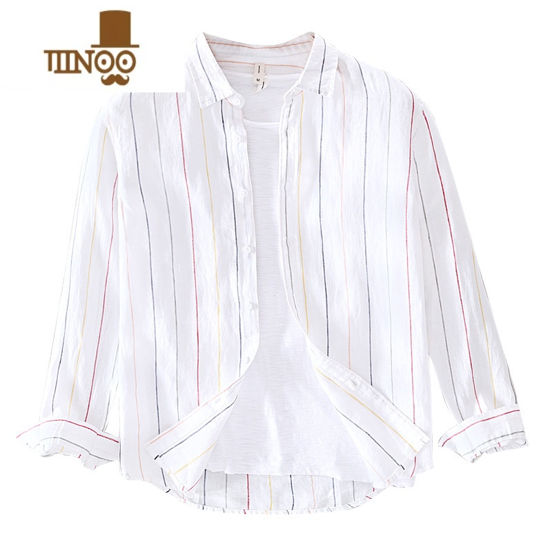 YANXU2022新款弹力款日系小清新拼色长袖衬衫男士纯季大码休闲条纹宽松高清大图