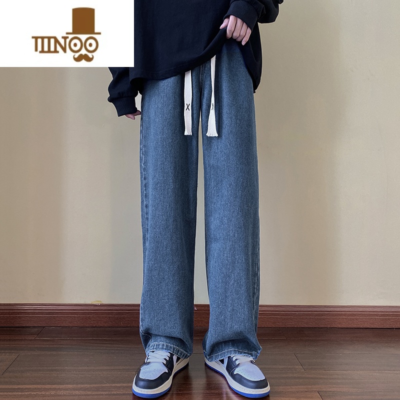 YANXU美式复古蓝色牛仔裤男直筒宽松阔腿长裤潮牌百搭男生裤子休闲高街高清大图