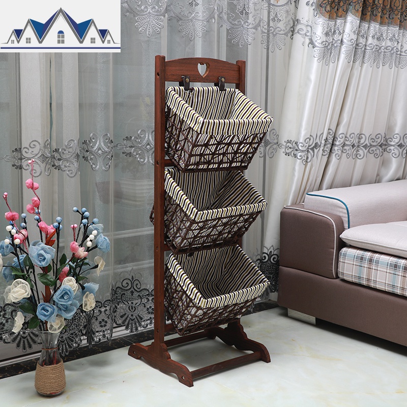 收纳篮藤编多层实木布艺田园书报架筐储物架置物架客厅落地收纳筐 三维工匠 三层爱心黄条