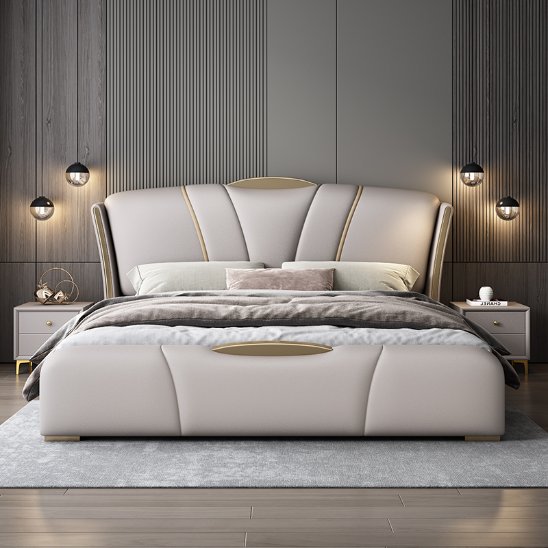 景山百岁 法式奶油风真皮床轻奢现代简约1.5米1.8米双人床主卧大床小户型极简储物软包床婚床（多色可选 拍下请备注）高清大图